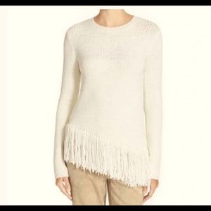 Theory Hudina Fringe Cream Marino Wool Pullerover Crewneck Sweater